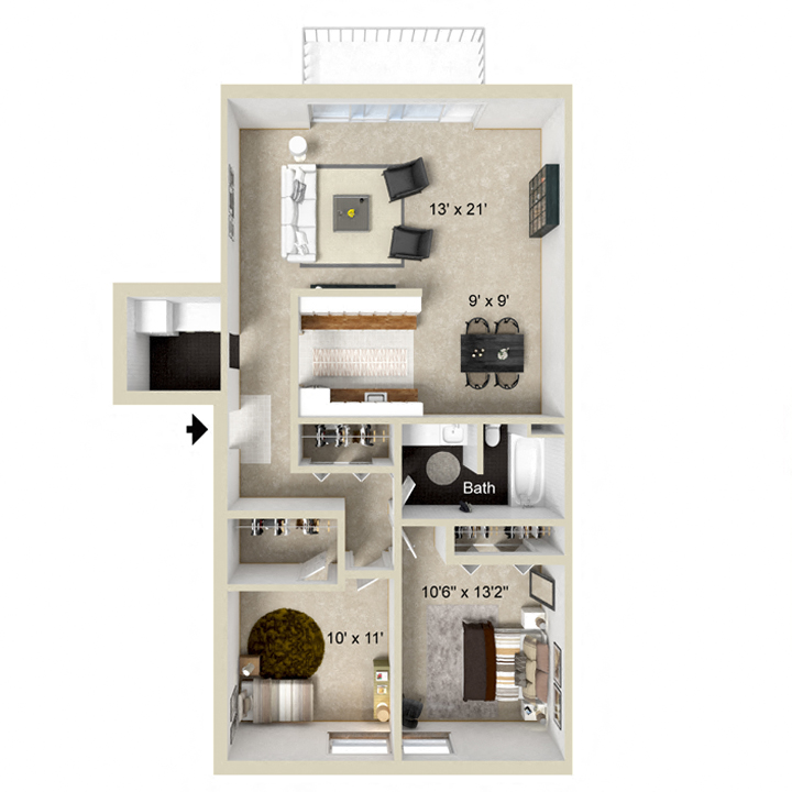 Floor plan for 2 beds, 1 bath, 1032 sqft